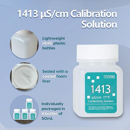 1413 μS/cm Calibration Solution Conductivity Salt Standard Buffer Solution | EC Buffer Liquid for Salinity Tester, EC Meter, TDS Meter, 4 in 1 Multi-Parameter Tester Calibration, 4 Bottles of 50mL - color: BLUE