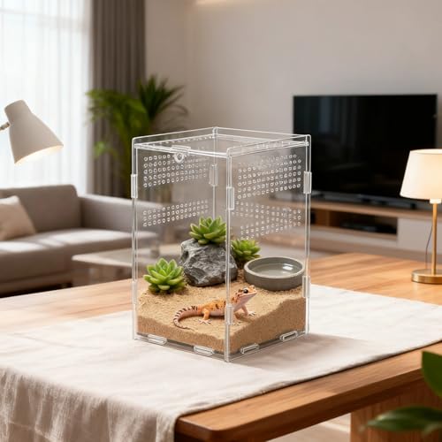 Acrylic Reptile Enclosure, 4.7x4.7x7.9 Inch Vivarium Terrarium for Gecko, Frogs, Fully Transparent Habitat with Optimal Ventilation, Front Opening Door for Easy Access