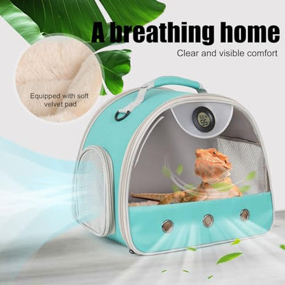 Bearded Dragon Carrier, Reptile Travel Bag with Built-in Thermometer Hygrometer, Breathable Small Animal Carrier with Clear View Window, Portable Guinea Pig Carrier for Gecko, Snake, Hamster - color: Green