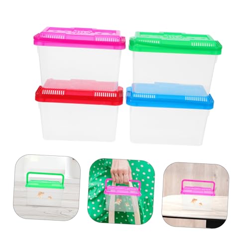 Abaodam 4Pcs Mini Transparent Fish Tank Carrier with Handle Portable Pet Breeding Box for Fish Turtles and Small Reptiles Aquarium Container with Bright Color Lid for Easy Observation