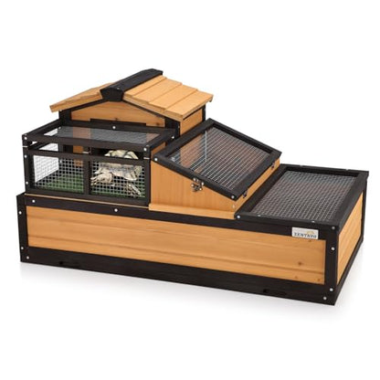 3-Room Large Tortoise Habitat with Pull-Out Tray, Wooden Tortoise Enclosure Indoor & Outdoor with Ramp, Grass Mat, Openable Roof, Luxurious Reptile Enclosure for Small Animals, Yellow