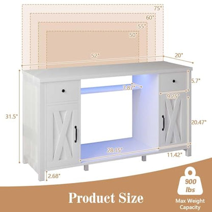 4ever2buy 55-75 Gallon Fish Tank Stand, Aquarium Stand with Storage, White | 52 x 20 In Top, Farmhouse Turtle Tank Stand, 2 Drawers & 2 Barn Doors, LED Light, Power Outlets, Shelf Storage, Heavy Duty - color: White