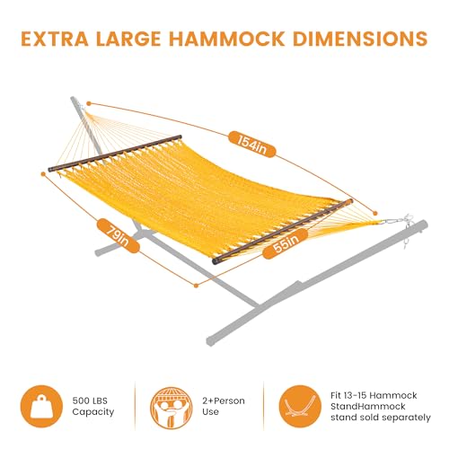 Lazy Daze Hammocks 13 FT Extra Large 2+ Person Caribbean Rope Hammock, Hand Woven Polyester XL Hammock with Spreader Bars, for Outside Outdoor Backyard Patio Poolside, 500 LBS Capacity, Yellow - color: Yellow