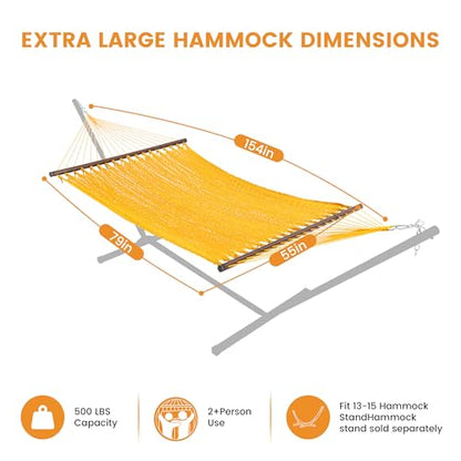 Lazy Daze Hammocks 13 FT Extra Large 2+ Person Caribbean Rope Hammock, Hand Woven Polyester XL Hammock with Spreader Bars, for Outside Outdoor Backyard Patio Poolside, 500 LBS Capacity, Yellow - color: Yellow