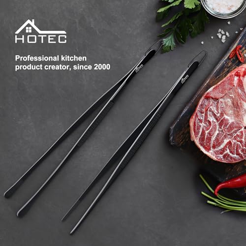 HOTEC Kitchen Tweezers Tongs Stainless Steel Professional Chef Tweezers, Set of 2-12inch Extra-Long Food Tongs for Cooking,Grill and Baking - color: Black, size: 2PCS: 12 Inch with hook
