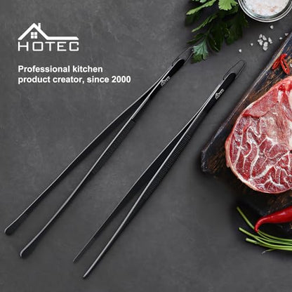 HOTEC Kitchen Tweezers Tongs Stainless Steel Professional Chef Tweezers, Set of 2-12inch Extra-Long Food Tongs for Cooking,Grill and Baking - color: Black, size: 2PCS: 12 Inch with hook