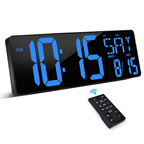 XREXS 17.2 Inch Large Digital Wall Clock with Remote Control | LED Large Display Count Up & Down Timer, Adjustable Brightness Plug-in Alarm Clock with Temperature for Home, Gym, Office - color: Blue