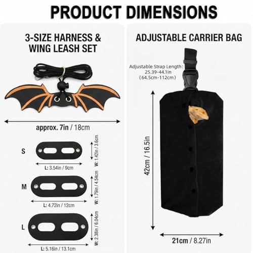Bearded Dragon Carrier Sling & Bat Wing Leash Harness Set, Soft Flannel Reptile Travel Bag with 3 Size Chest Pads, Adjustable Outdoor Walking Accessories for Lizards Geckos (Black) - color: Black