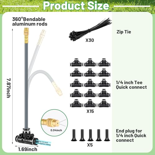 360° Adjustable 1/4" Drip Irrigation System Kits(No 1/4" Tubing) | Bendable Watering Misting Irrigation System, Garden Watering Atomizing System with 15 Nozzles for Garden Irrigation System - size: 1/4" Misting System