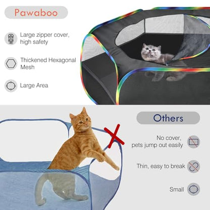 Pawaboo Small Animal Playpen with Zippered Cover, Black + Rainbow | Portable pop-up pet tent for supervised rabbits, guinea pigs, chicks and kittens; water-resistant bottom and 3 metal rods - color: Black + Rainbow