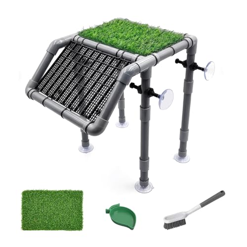 Standing Turtle Basking Platform, 10.8" Wide for Aquarium | Adjustable Height 5.9-14.5", Fits 20-55 Gal, Screw-Fixed Suction Cups, Grass Mat, Feeding Bowl & Brush, - size: 10.8'' W