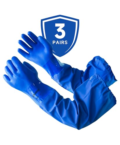 LANON 3 Pairs 26" Elbow Length PVC Chemical Resistant Gloves,Blue,XLarge | Waterproof,Long Sleeve Work Gloves,Cotton Liner(Excluding Sleeves),Non-Slip Grip,Heavy-Duty,Acid,Alkali & Oil Protection - size: X-Large (Pack of 3)