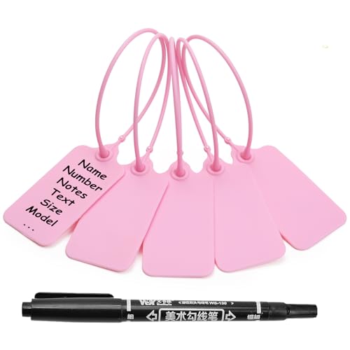 100 Pink Blank Plastic Tags for Labeling Waterproof Hanging Labels Writable Tags Seal Plastic Marking Label for Clothes Bags Keys Inventory with One Marker Pen - color: Pink, size: 100 PCS