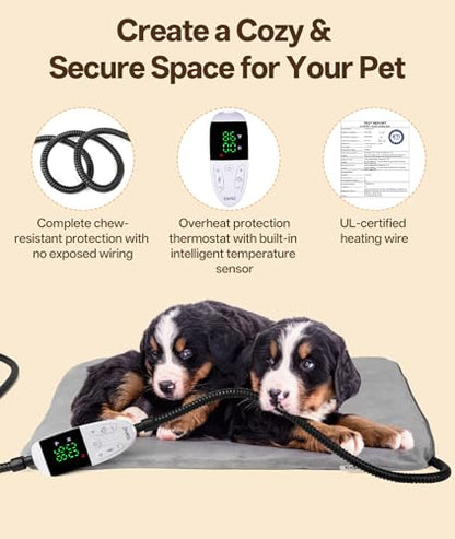 Pet Heating Pad for Dogs with 12 Adjustable Temperature, Waterproof & Chew Resistant Dog Heating Pad with Timer, Heated Dog Bed with Fleecy Cover (L: 32” x 20”) - size: L: 32” x 20”