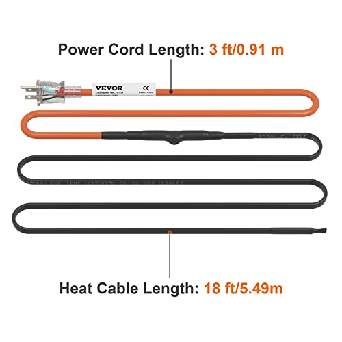 VEVOR Self-Regulating Pipe Heating Cable, 18-feet 5W/ft Heat Tape for Pipes Freeze Protection, Protects PVC Hose, Metal and Plastic Pipe from Freezing, 120V - size: 18 Feet