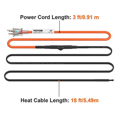 VEVOR Self-Regulating Pipe Heating Cable, 18-feet 5W/ft Heat Tape for Pipes Freeze Protection, Protects PVC Hose, Metal and Plastic Pipe from Freezing, 120V - size: 18 Feet