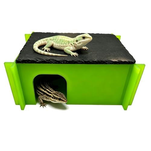 Reptile Basking Platform Hideout, Acrylic Snake Hide Cave with Natural Slate Rock, Terrarium Decor for Bearded Dragon Tank Accessories, Ball Python, Leopard Gecko, Tortoise & Chameleon (Small Green) - color: Small Green