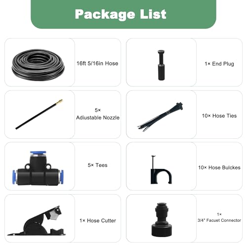 Quibbay 16.4Ft Drip Irrigation System, Automatic Garden Irrigation System with 360-degree Bending Dropper, Atomizing Watering Misting System with Copper Nozzle for Garden Plant Lawn Patio(5 Nozzles) - size: 16.4FT