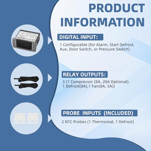 for Dixell XR06CX-4N1F1 Temperature Controllers, Programmable Digital Thermostat with Sensor Probe Fit for 120V 50-60hz Commercial Refrigerators/Freezer (Includes Mounting Hardware)