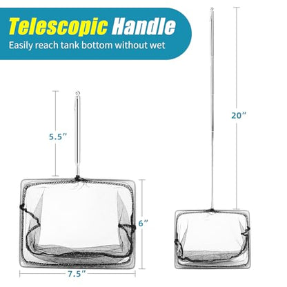 AQUANEAT Aquarium Net with Extendable Long Handle, Adjustable Wastes Skimming Cleaning Tools for Fish Tanks - size: 8 Inch