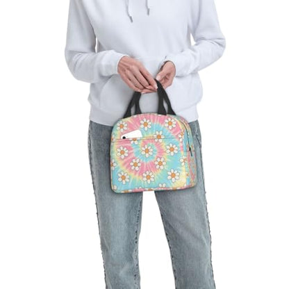 Adult Tie Dye Print Insulated Lunch Box Cooler | Tie Dye Daisy Print, Waterproof Nylon Thermal Tote, Lightweight Portable Cooler for Daily Commute - color: Pattern (699)