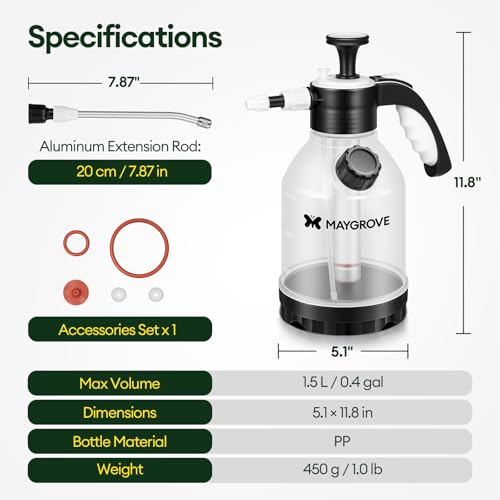 MAYGROVE 50oz Pump Sprayer, Hand Water Spray Bottle | Clear Plant Sprayer with Side Filling Port, Measuring Cup, Adjustable Nozzles, Safe Pressure Relief Valve for Indoor Plant