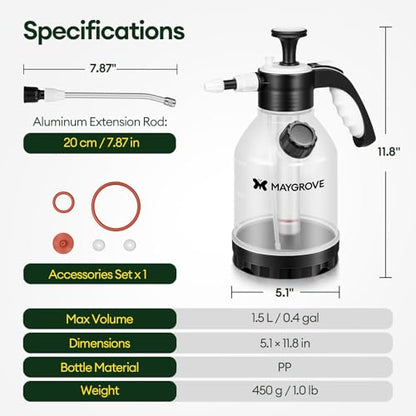 MAYGROVE 50oz Pump Sprayer, Hand Water Spray Bottle | Clear Plant Sprayer with Side Filling Port, Measuring Cup, Adjustable Nozzles, Safe Pressure Relief Valve for Indoor Plant