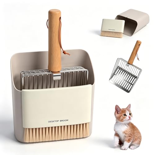 Cat Litter Scoop with Holder, Heavy Duty Stainless Steel Kitty Scooper | with Coarse and Fine Mesh, Includes Broom and Dustpan Set, Quick Sift and Easy Clean, Gray - color: Gray