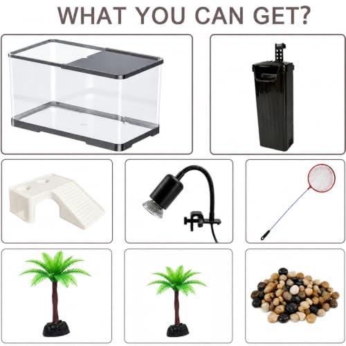 Turtle Tank Kit(Tank+Lamp+Filter+Stones) Acrylic Aquatic Turtle Tank Starter Kit with Bask Platform, Bottom Drain for Baby Tortoise,Fishes, Small Reptiles - size: 12 * 7.7 * 7.2 Inch