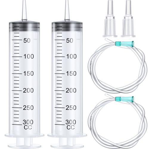 BBTO 2 Pieces Large Plastic Syringe with Tube 40 Inch Handy Plastic Tubing and Connections for Scientific Lab,Glue Dispensing,Watering,Refilling,Feeding and Measuring(300 ML) - size: 300 ML