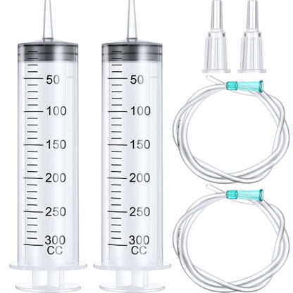 BBTO 2 Pieces Large Plastic Syringe with Tube 40 Inch Handy Plastic Tubing and Connections for Scientific Lab,Glue Dispensing,Watering,Refilling,Feeding and Measuring(300 ML) - size: 300 ML