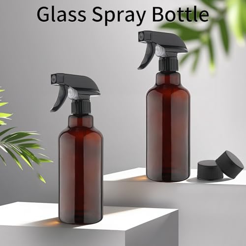 Glass Spray Bottles 16.9oz/500ml 2 Pack Brown Empty Spray Bottle | Mist/Stream Heavy Duty, Water Spraying Bottle, for Cleaning, Cooking Solutions, Hair Care, Including a funnel and two lid - color: B-Brown