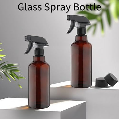 Glass Spray Bottles 16.9oz/500ml 2 Pack Brown Empty Spray Bottle | Mist/Stream Heavy Duty, Water Spraying Bottle, for Cleaning, Cooking Solutions, Hair Care, Including a funnel and two lid - color: B-Brown