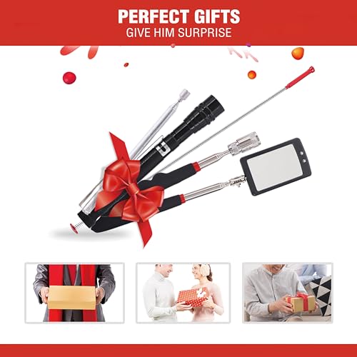 Telescoping Magnetic Pickup Tool Set | Inspection Mirrors and Four Claw Grabber Tool | Flexible LED Flashlight | Magnet Stick | Cool Gadgets for Men | Gifts for Husband