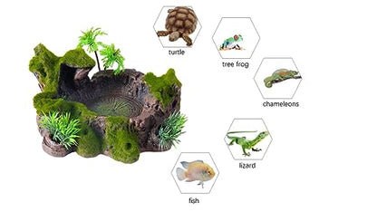 QIRMIZI Reptile Decor, Plastic Reptile Platform with Artificial Plants - Basking Habitat Decor for Lizard, Turtle, Frog, Snake