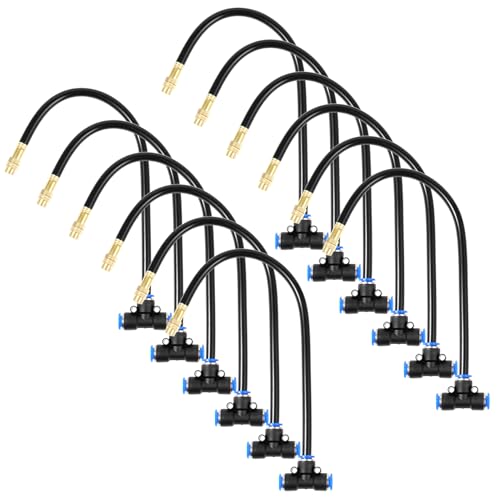 12 Pcs Brass Misting Nozzles Tee with 12 Inch Built in Hose for Patio Outdoor Cooling 360 Rotation Adjustable Water Mister Nozzles Thread Sprayer-0.043" orifice, Tee Compatible with 0.31”Misting Hose