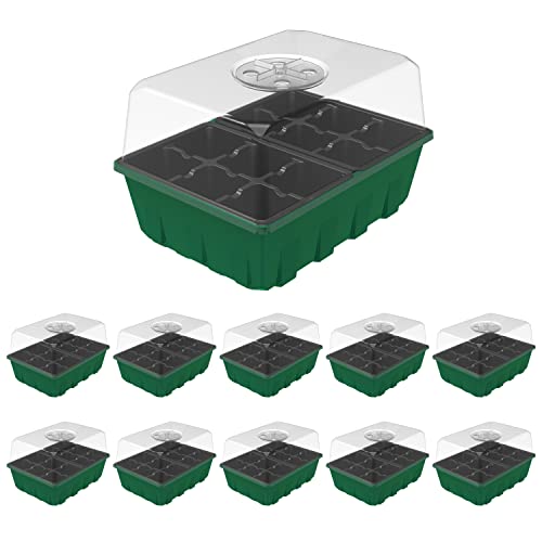Gardzen 10 Pack Seed Starter Trays with Dome and Green Base 120 Cell | Garden Propagator Kit with Black Trays, 6.6"x4.5" Cells for Seed Germination, Seedlings and Indoor Plant Growing - size: 12-Cell Black 10-Pack