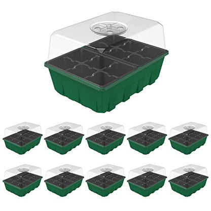Gardzen 10 Pack Seed Starter Trays with Dome and Green Base 120 Cell | Garden Propagator Kit with Black Trays, 6.6"x4.5" Cells for Seed Germination, Seedlings and Indoor Plant Growing - size: 12-Cell Black 10-Pack