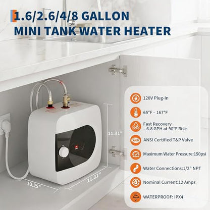 1.6 Gallon Mini Tank Water Heater | Compact, Under Sink, 120V, Instant Hot Water, Kitchen Bathroom RV