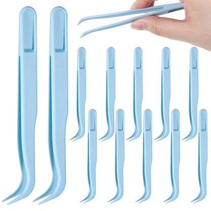 12 Pcs Plastic Tweezers, Non Slip Bent Tip Craft Tweezer, Long 4.5 Inch Bent Tweezers, Pointed Tip, Precision Tweezer for Jewelry Making, DIY Crafts, Stickers, Reptile Feeding, Lash Tool (Blue)