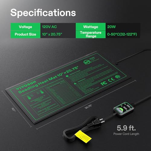 VIVOSUN 10"x20.75" Seedling Heat Mat with Built-in Temperature Controller | UL & MET-Certified Waterproof Plant Heating Pad for Germination, Hydroponics, Brewing, Breeding, and Greenhouses - size: 10"x20.75"