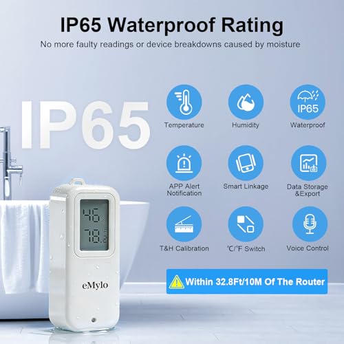 eMylo WiFi Thermometer Hygrometer, IP65 Waterproof Wireless Indoor Outdoor | Mini Temperature Humidity Monitor with App Alert, Data Export, 2.4GHz Smart Sensor for Home Greenhouse Basement Baby Room
