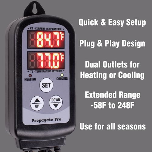 15 Amp Plug in Digital Temperature Controller Outlet by Propagate Pro | Heating/Cooling Thermostat 110V 15A 1500W Programmable Temp Controlled Heater Cooler Reptile Box Fan 120V (PPTC1)