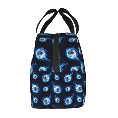 Women Flame Soccer Print Insulated Lunch Box Leakproof | Blue Flame Soccer Ball, Neoprene Thermal Cooler Bag, Padded Handle, Compact Tote for Commute & Travel - color: Pattern (850)