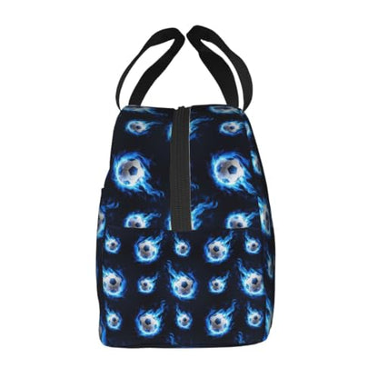 Women Flame Soccer Print Insulated Lunch Box Leakproof | Blue Flame Soccer Ball, Neoprene Thermal Cooler Bag, Padded Handle, Compact Tote for Commute & Travel - color: Pattern (850)