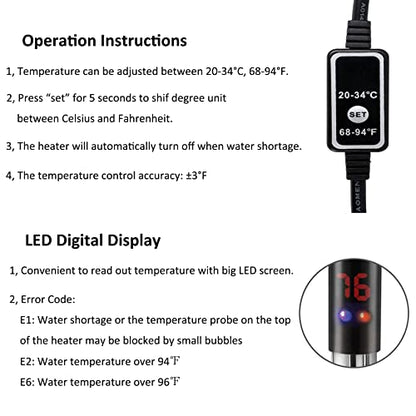Aquarium Heater, 500W Submersible Fish Tank Heater Underwater Turtle Water Warmer for 40-90 Gallon Tank with with Intelligent LED Temperature Display and External Temperature Controller - color: Upgraded Stainless 500W (for 50-90 gallon)