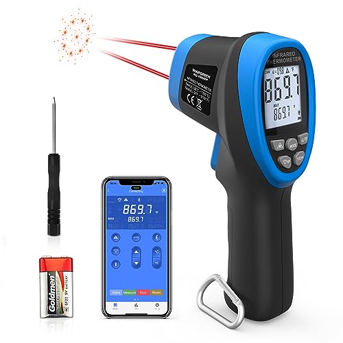 Pyrometer 30:1 Non-Contact High Temp Thermometer Gun-58℉ to 2732℉ (-50℃ ~ 1500℃) IR Thermometer Gun with Mobile APP for Pizza ovens, Kiln, Forge RQ-1500APP【Not for Human】