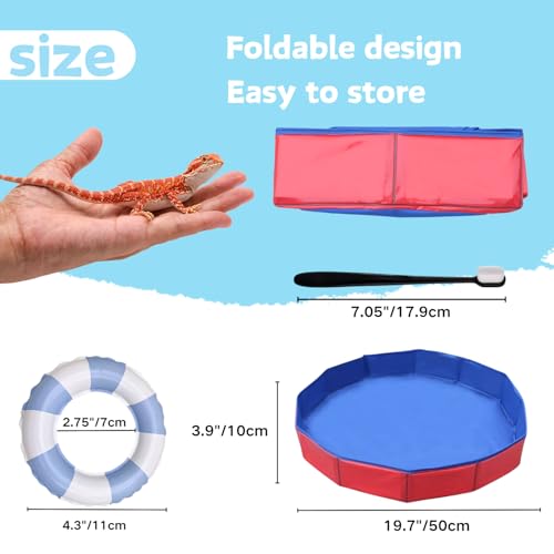 Foldable Bearded Dragon Bathtub with 2Pcs Reptile Mini Swimming Rings & Pump and 1Pcs Soft Brush, Bearded Dragon Accessories, Small Pet Bath Accessories (Red) - color: Red