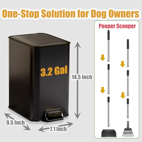 Metal Dog Pooper Scooper for Yard - Dog Poop Trash Can Outside with Pedal | 3.2 Gal Pet Waste Container Outdoor - Stainless Steel Garbage Bucket with Lid - Trash Bin, Long Handle Tray and Rake - Black