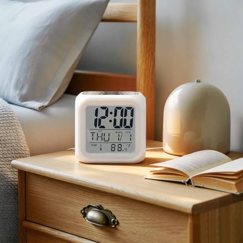 Snakeskin Print Alarm Clock, Boho Brown Beige Reptile Scales Animal Texture Digital Clock Night Light with 7 Color, Calendar Temperature 12/24H Display, Snooze Model Silent Desk Clocks for Bedroom